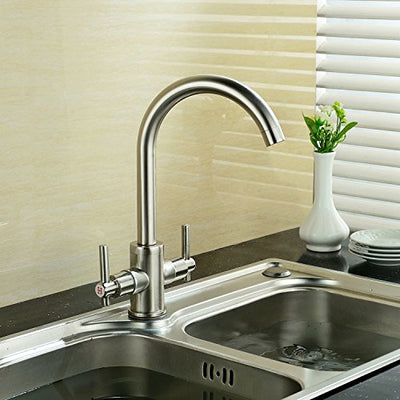 Funime® Brushed Kitchen Sink Taps Mixers Traditional Dual Lever Monobloc Swivel Spout Brass