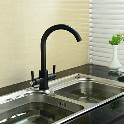 Funime® Black Kitchen Sink Taps Mixers Traditional Dual Lever Monobloc Swivel Spout Brass