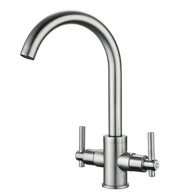 Funime® Brushed Kitchen Sink Taps Mixers Traditional Dual Lever Monobloc Swivel Spout Brass